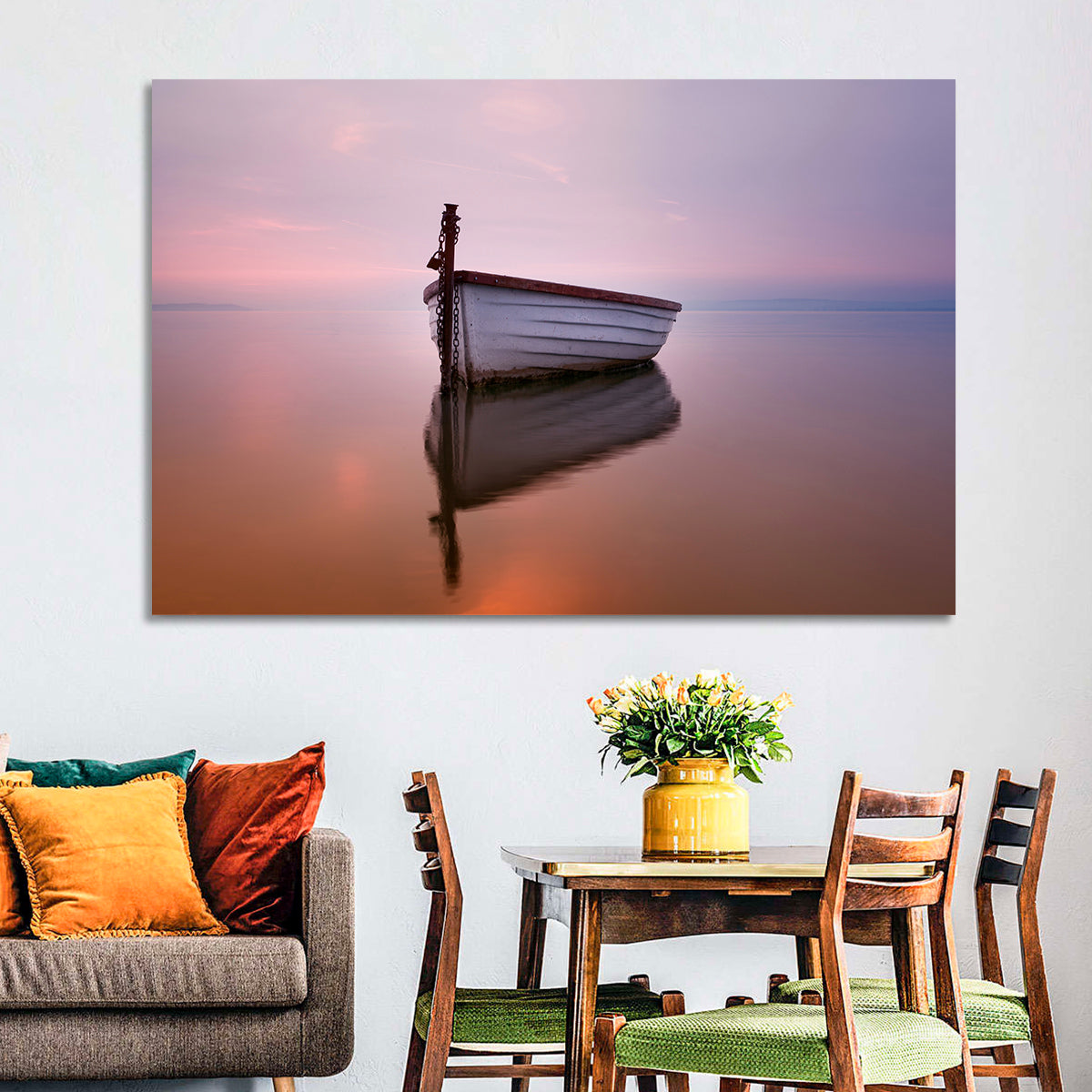 Pastel Boat Reflection Wall Art in a room, landscape