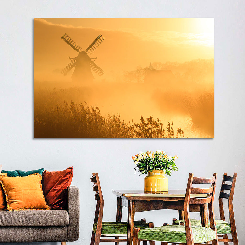 Golden Dutch Windmill Sunrise Wall Art