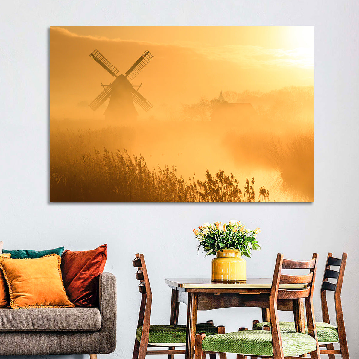 Golden Dutch Windmill Sunrise Wall Art in a room, landscape