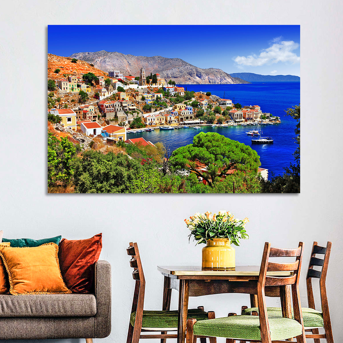Symi Harbor, Greece Wall Art in a room, landscape