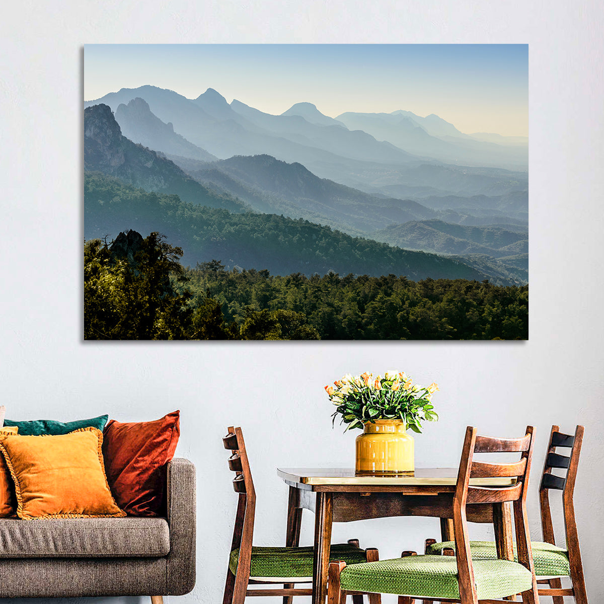 Misty Mountain Ridges Wall Art in a room, landscape