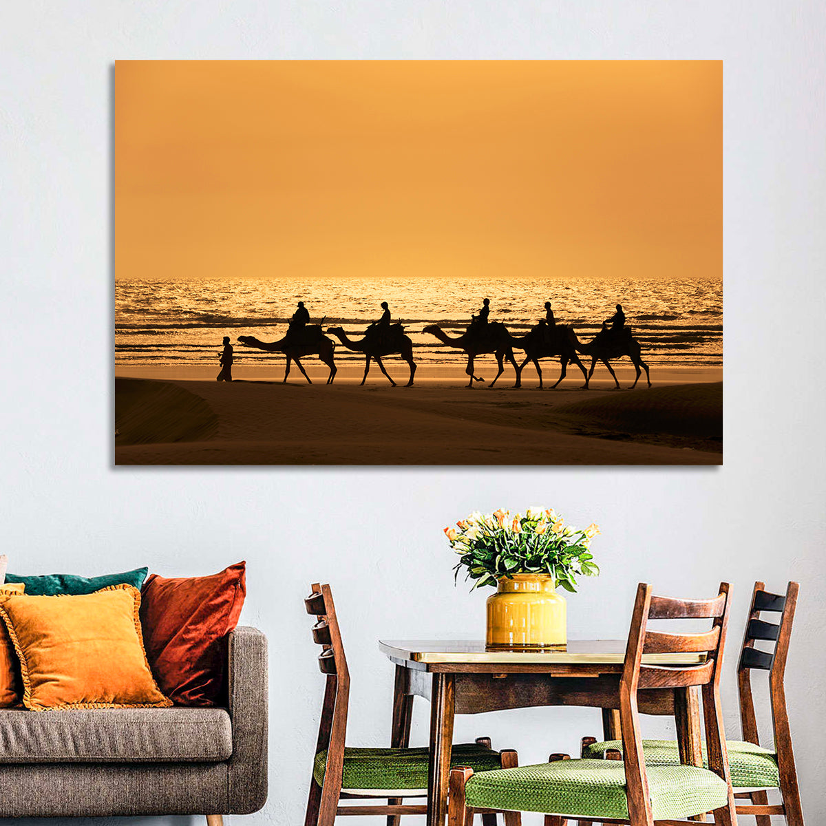 Camel Caravan Silhouette on Wet Sand Wall Art