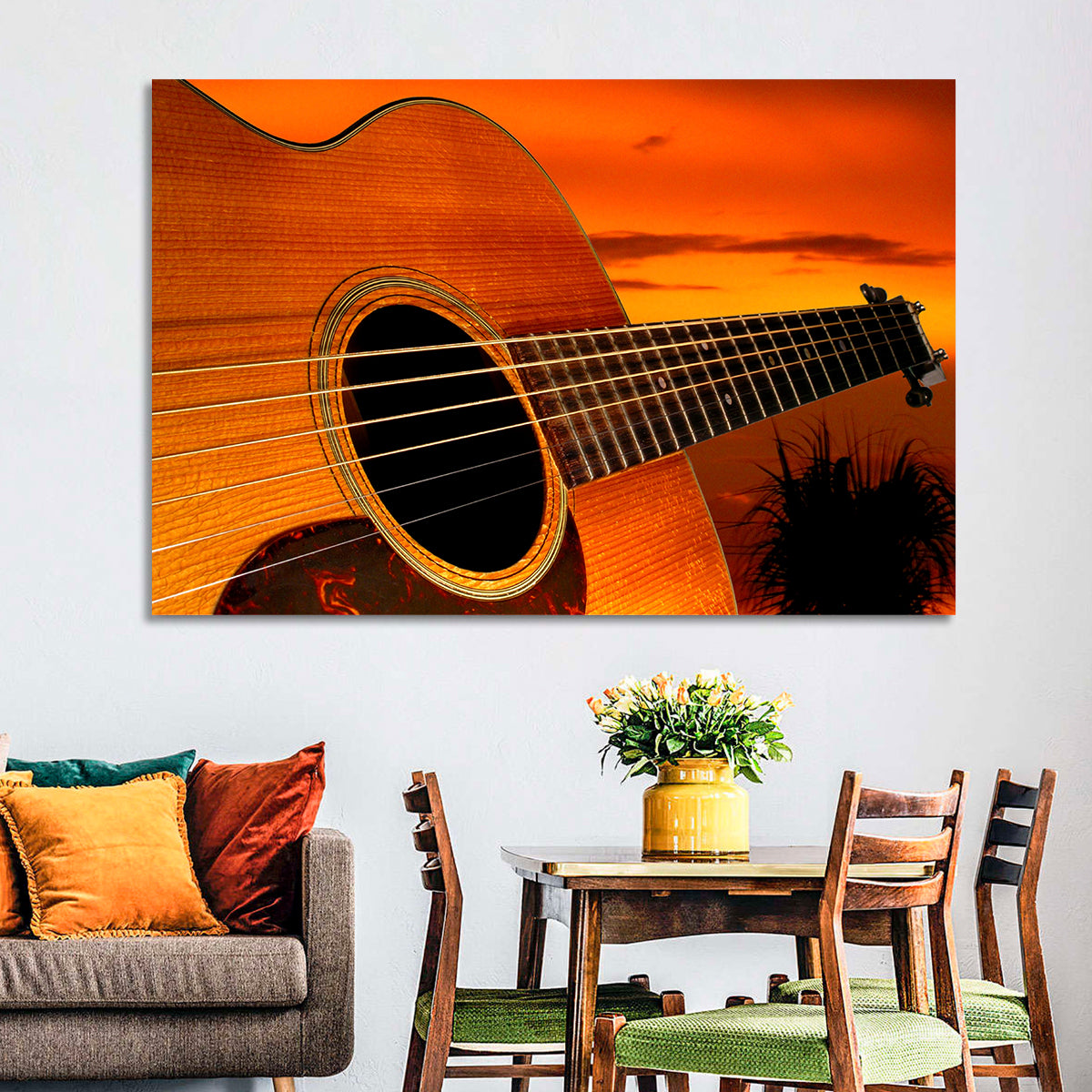 Sunset Acoustic Guitar Silhouette Wall Art in a room, landscape