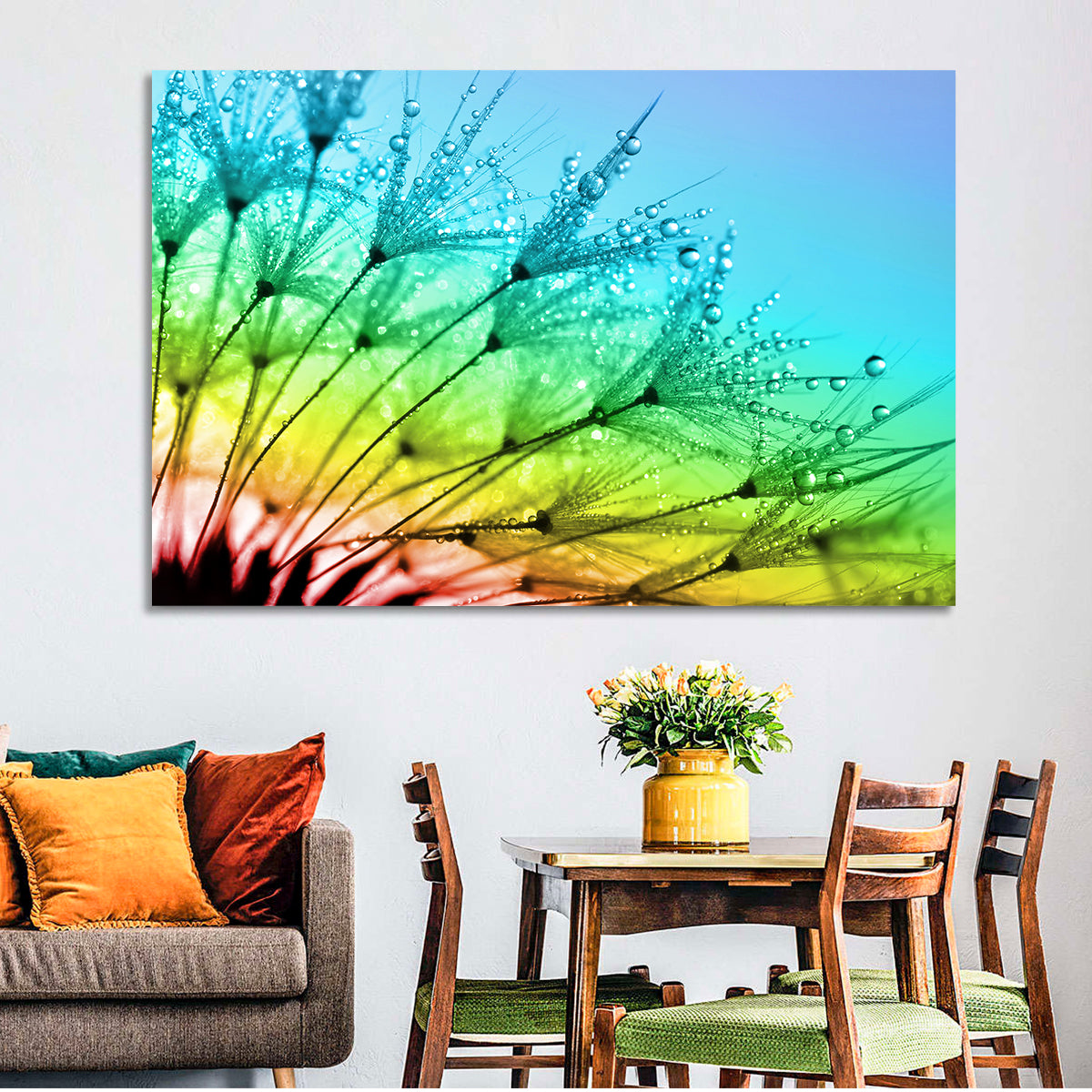 Dewy Dandelion Close-up Wall Art in a room, landscape