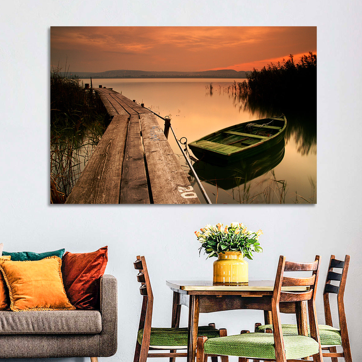 Pier and Rowboat on Lake Balaton Wall Art in a room, landscape