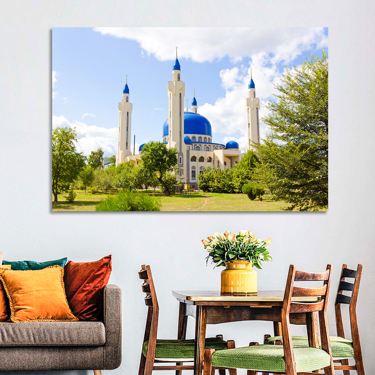 Blue Domed Mosque with Golden Minarets Wall Art in a room, landscape