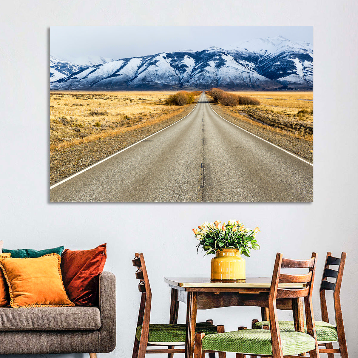 El Calafate Road with Snow Peaks Wall Art in a room, landscape