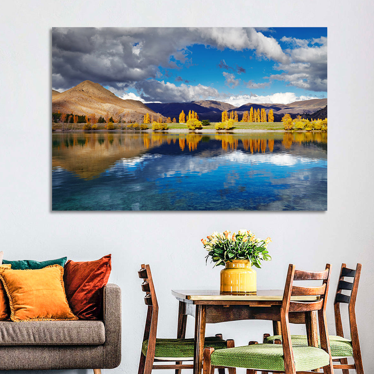 Lake Tekapo Autumn Reflection Wall Art in a room, landscape
