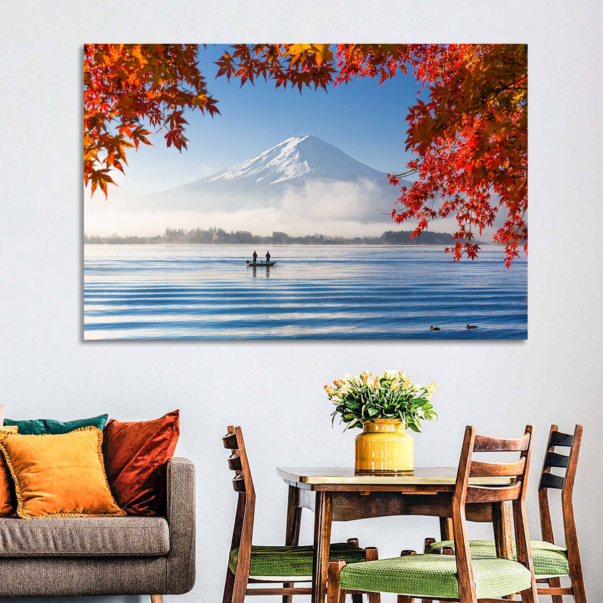 Mount Fuji Over Lake Kawaguchiko Wall Art in a room, landscape