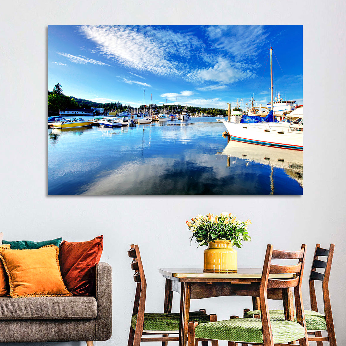 Tacoma Marina Reflections Wall Art in a room, landscape