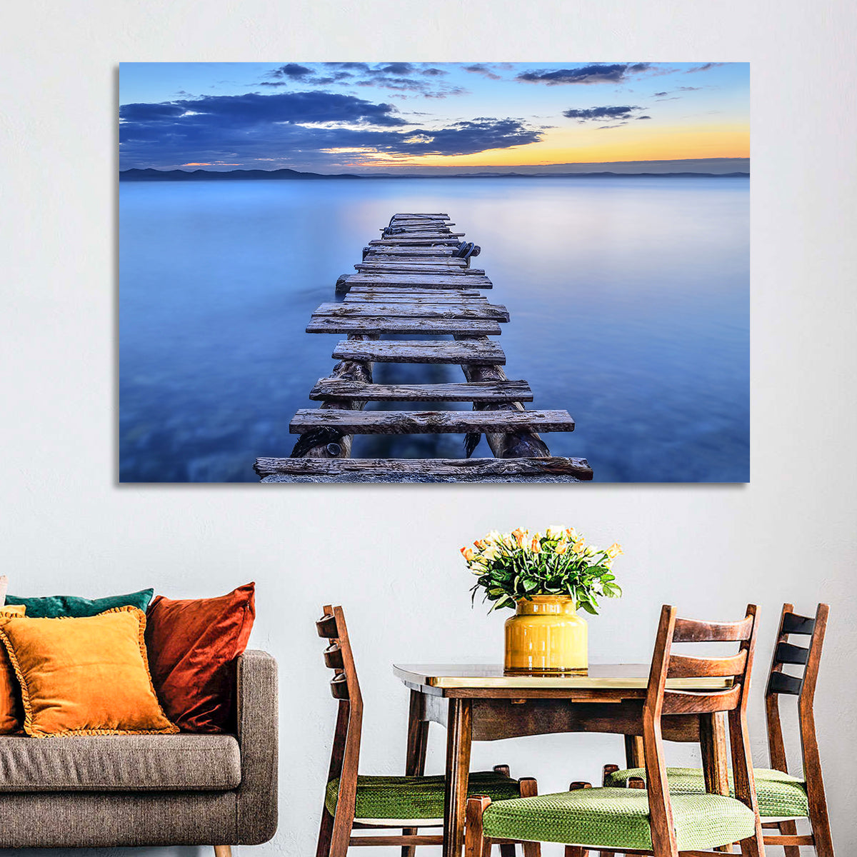 Weathered Lake Pier at Dusk Wall Art in a room, landscape
