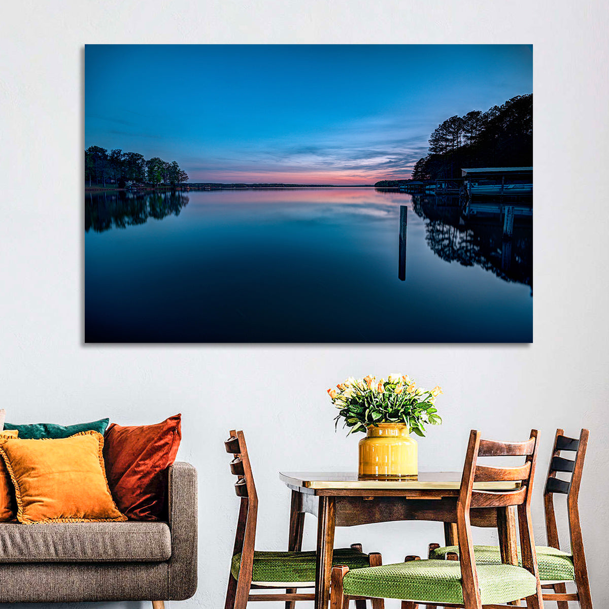 Lake Gaston Twilight Reflection Wall Art in a room, landscape