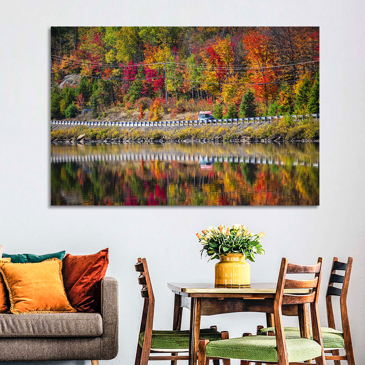 Algonquin Highway 60 Autumn Reflection Wall Art in a room, landscape