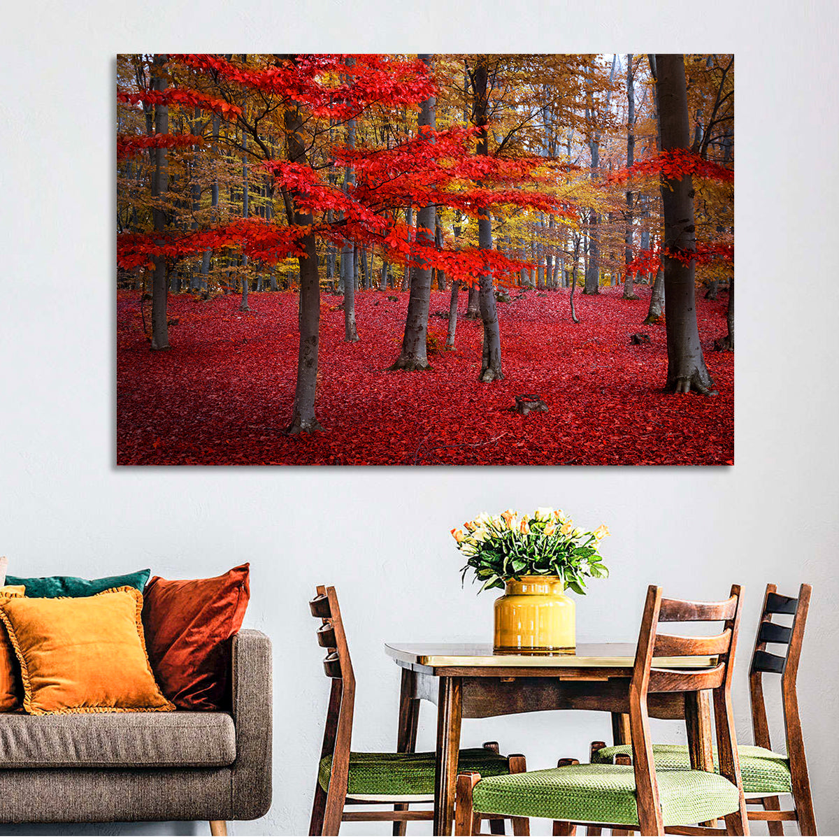 Crimson Autumn Forest Wall Art in a room, landscape