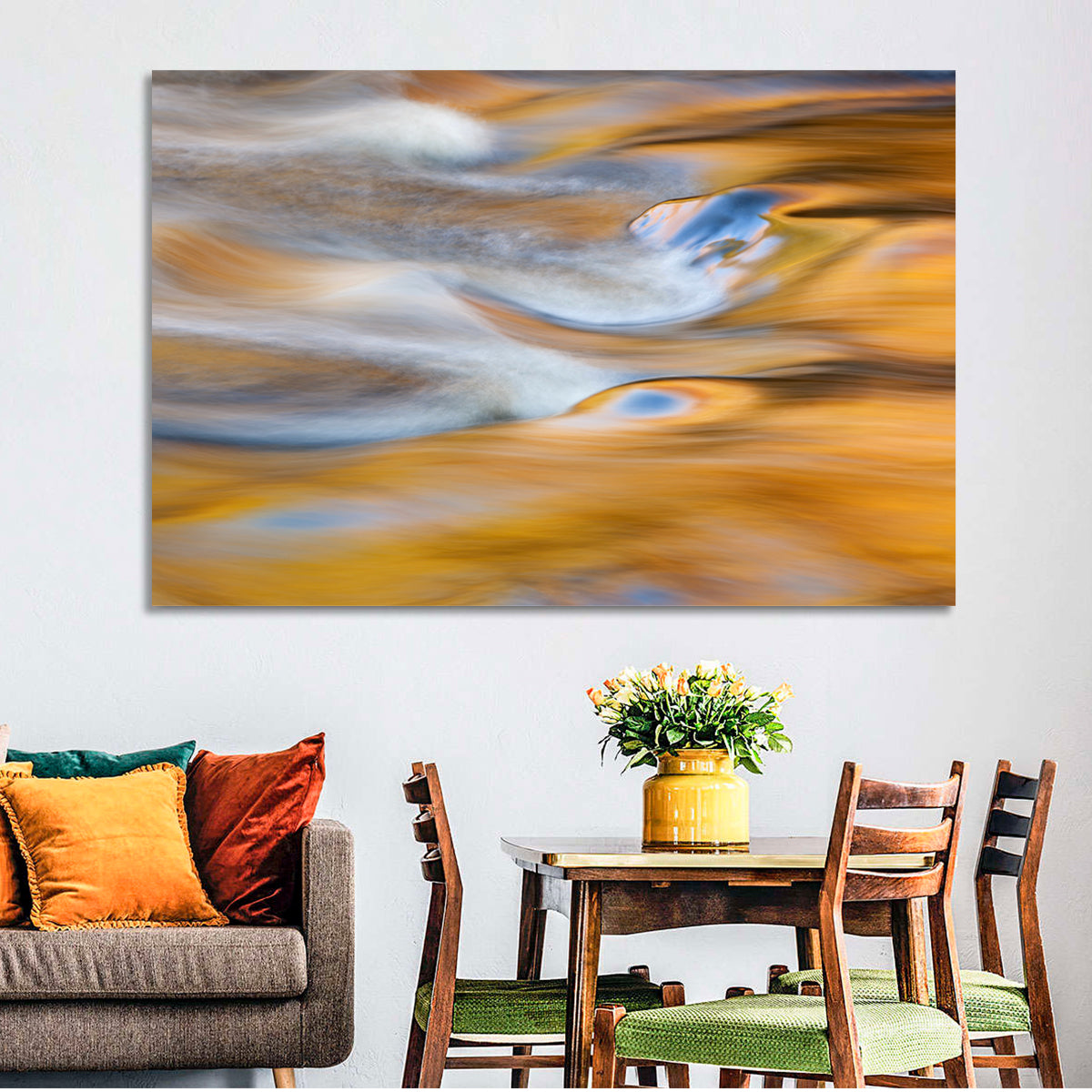 Golden Water Abstraction Wall Art in a room, landscape