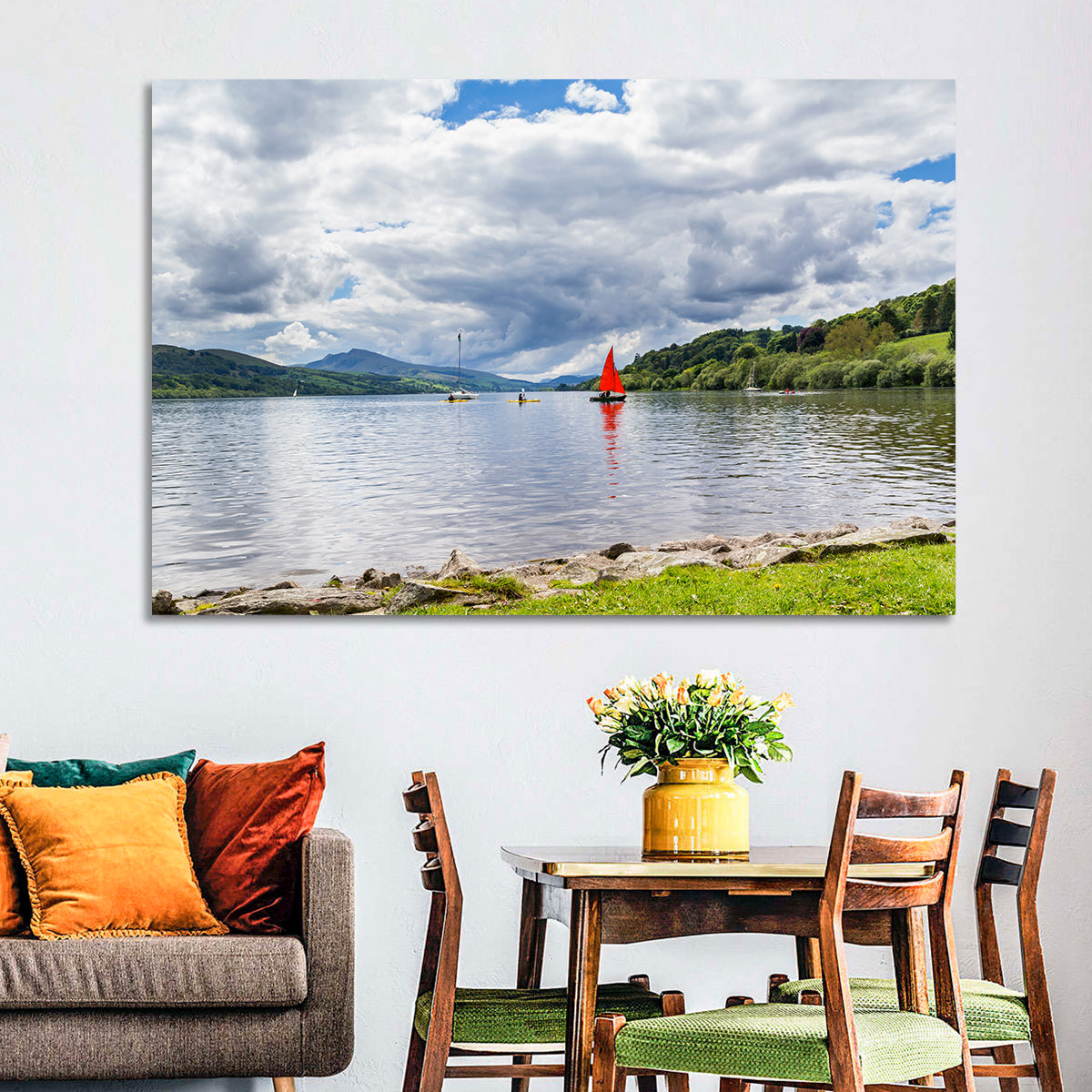 Bala Lake Sailboat Reflection Wall Art in a room, landscape