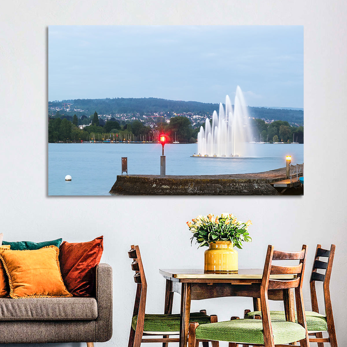 Lake Zurich Fountain at Dusk Wall Art in a room, landscape
