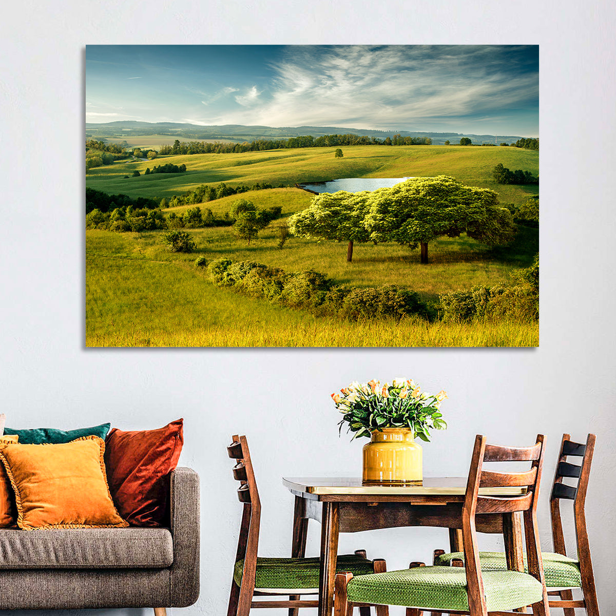 Rolling Hills with Pond Wall Art in a room, landscape