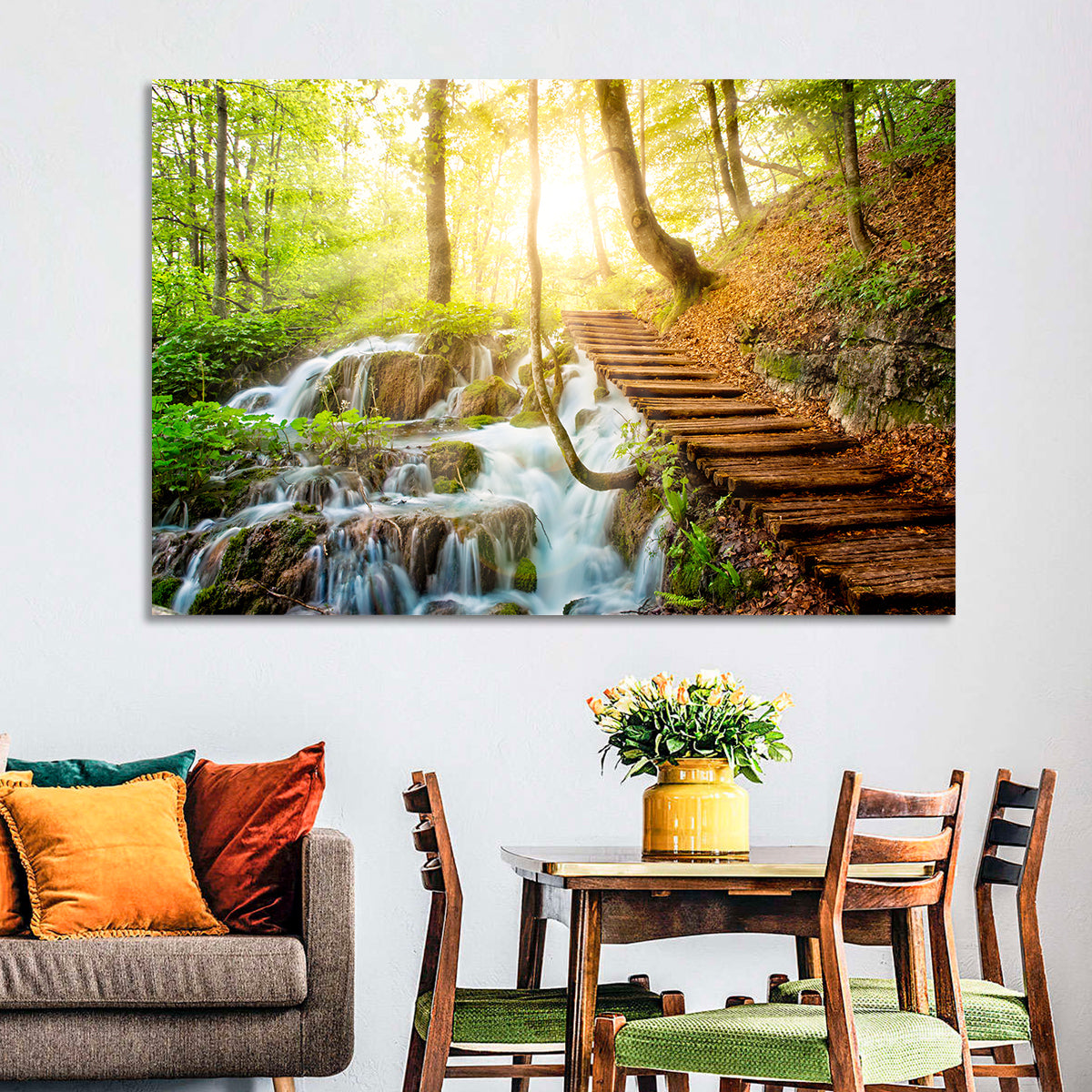 Plitvice Lakes Walkway Wall Art in a room, landscape