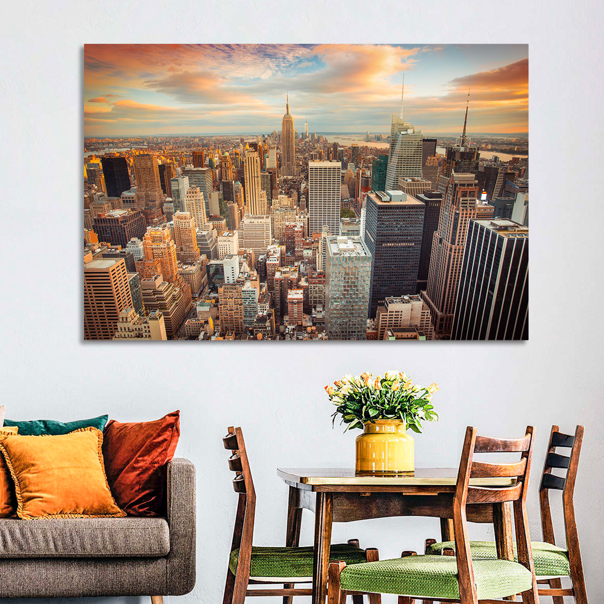 Midtown Manhattan Skyline at Sunset Wall Art in a room, landscape