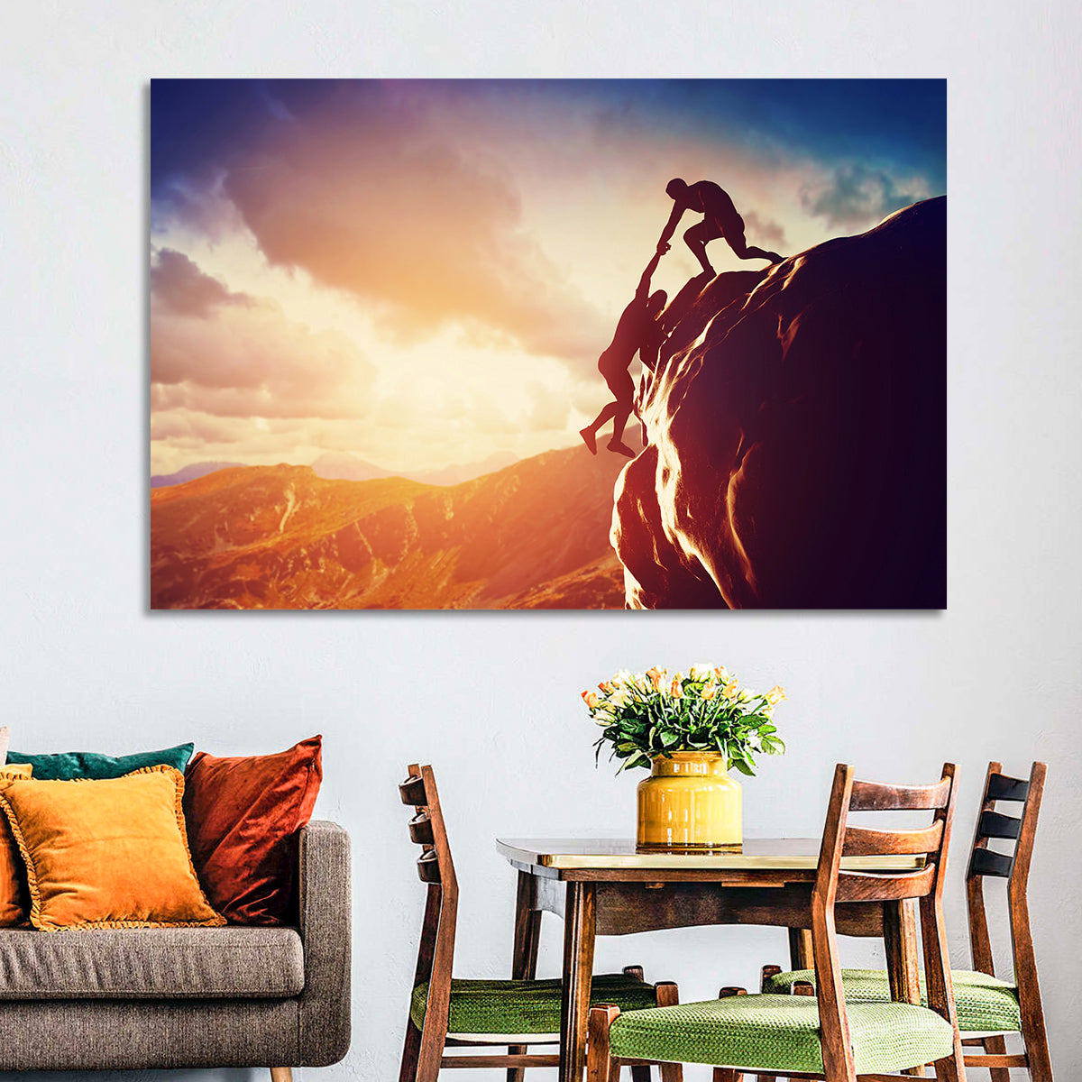 Two Hikers Summit Assist at Sunset Wall Art in a room, landscape