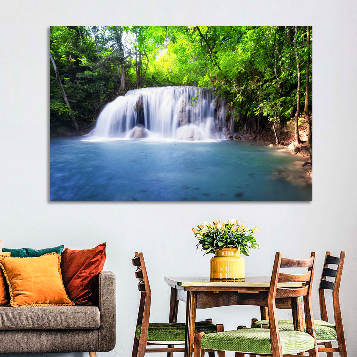 Erawan Waterfall Emerald Pool Wall Art in a room, landscape