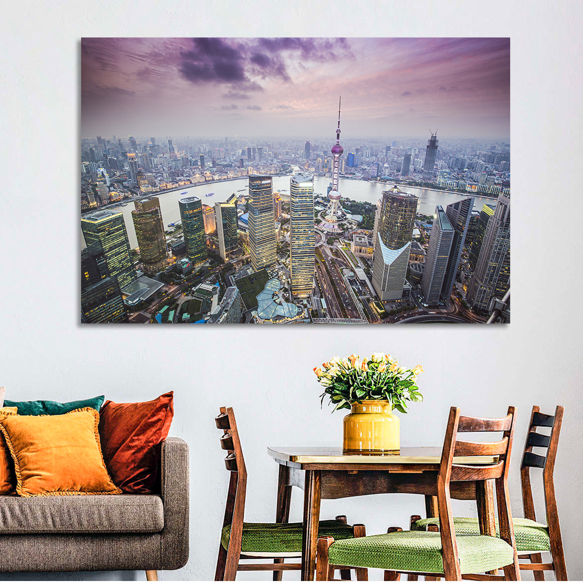 Pudong Cityscape Wall Art in a room, landscape