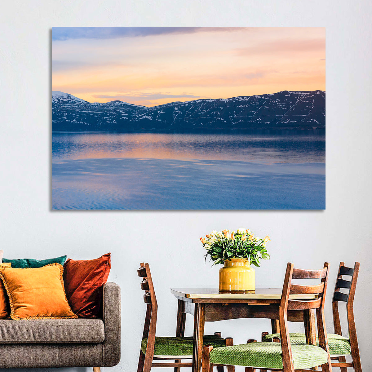 Lake Sevan Evening Reflection Wall Art in a room, landscape