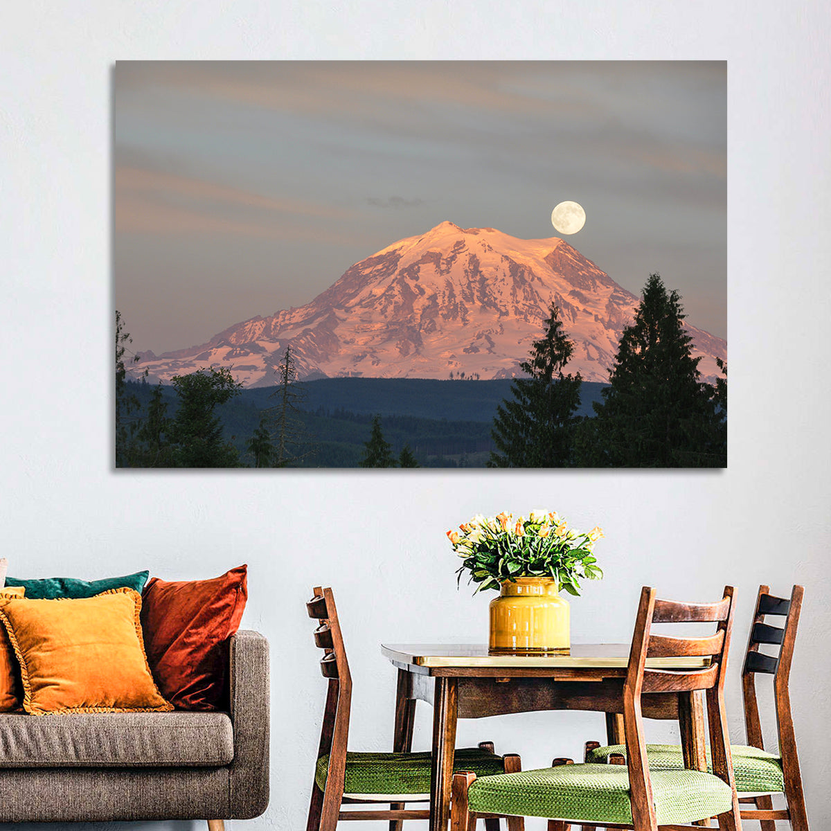 Mount Rainier Alpenglow with Full Moon Wall Art
