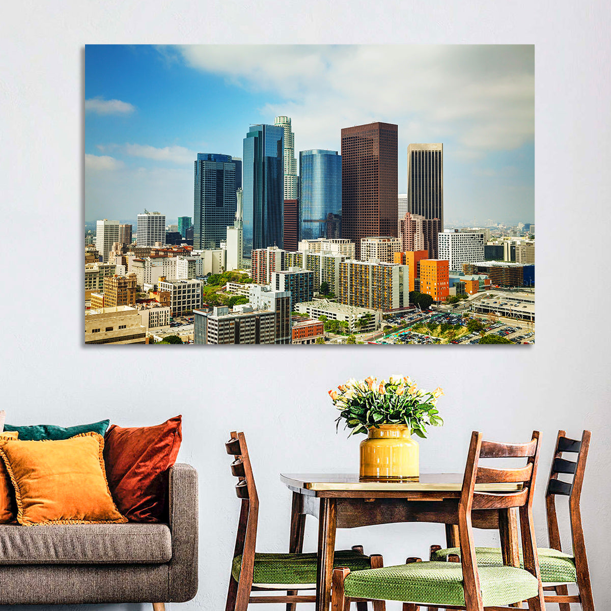 Downtown Los Angeles Skyline Cityscape Wall Art in a room, landscape