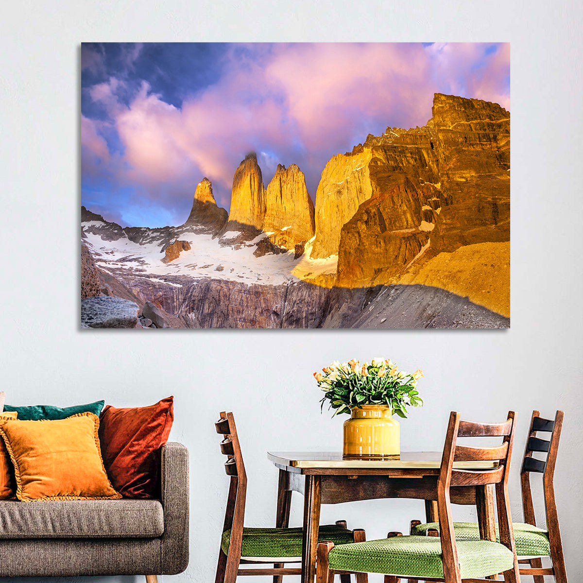 Torres Del Paine Alpenglow Wall Art in a room, landscape