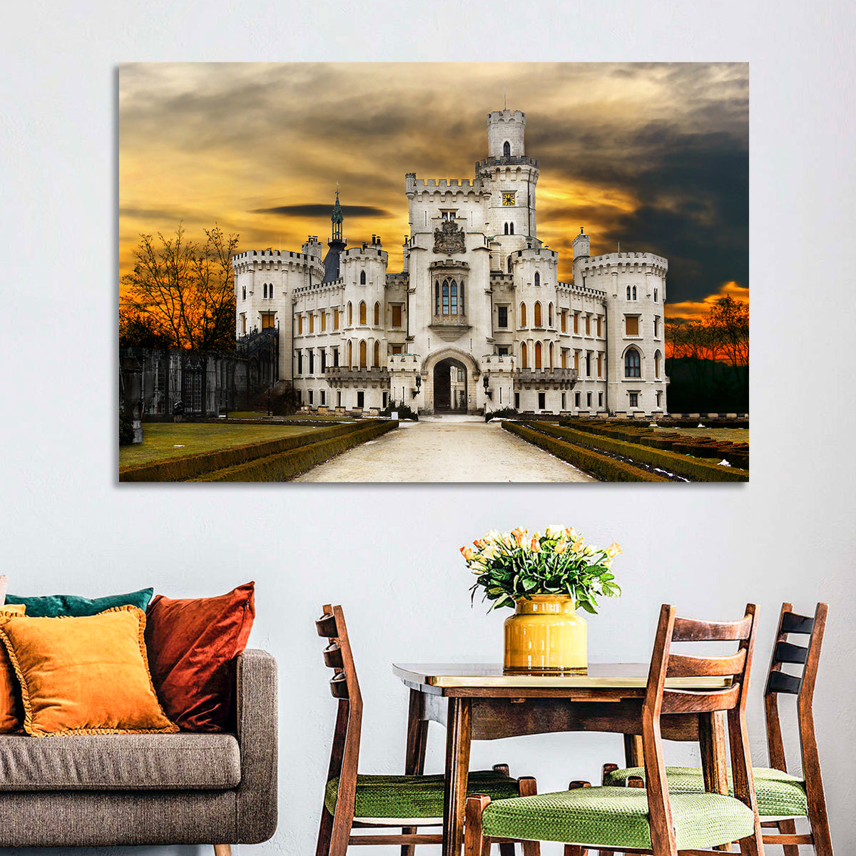 Hluboká Castle at Sunset Wall Art in a room, landscape