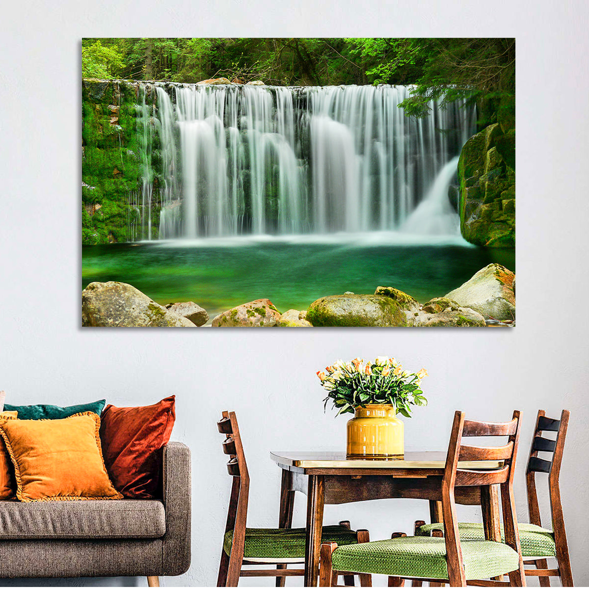 Emerald Lake Waterfall Wall Art in a room, landscape