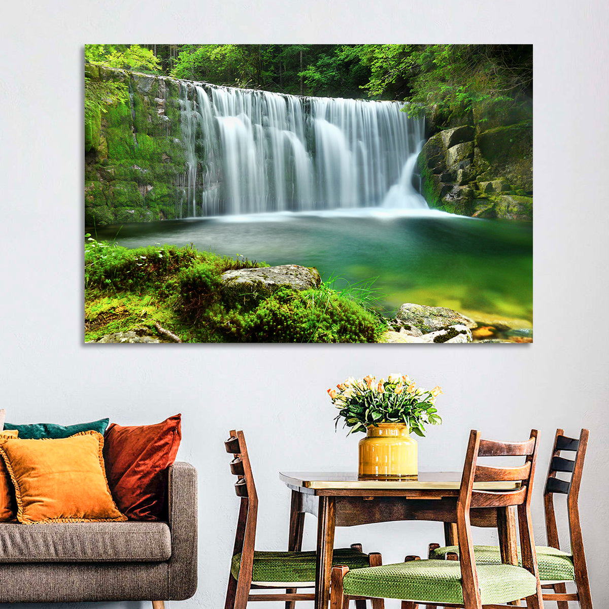 Emerald Forest Waterfall with Mossy Stones Wall Art in a room, landscape