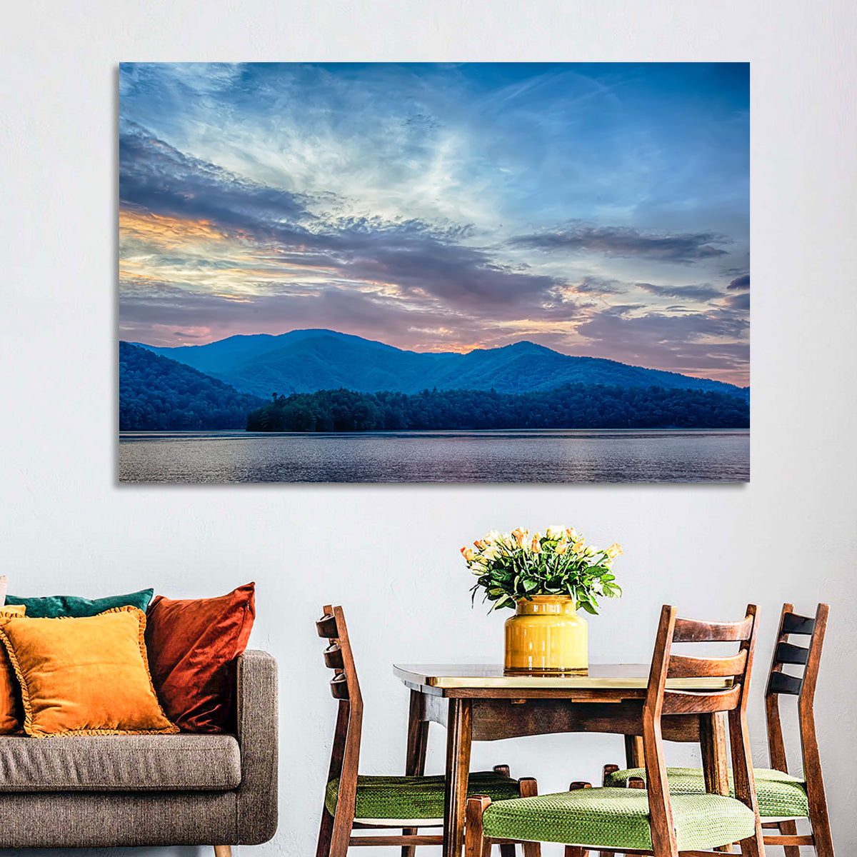 Lake Santeetlah Sunset Glow Wall Art in a room, landscape