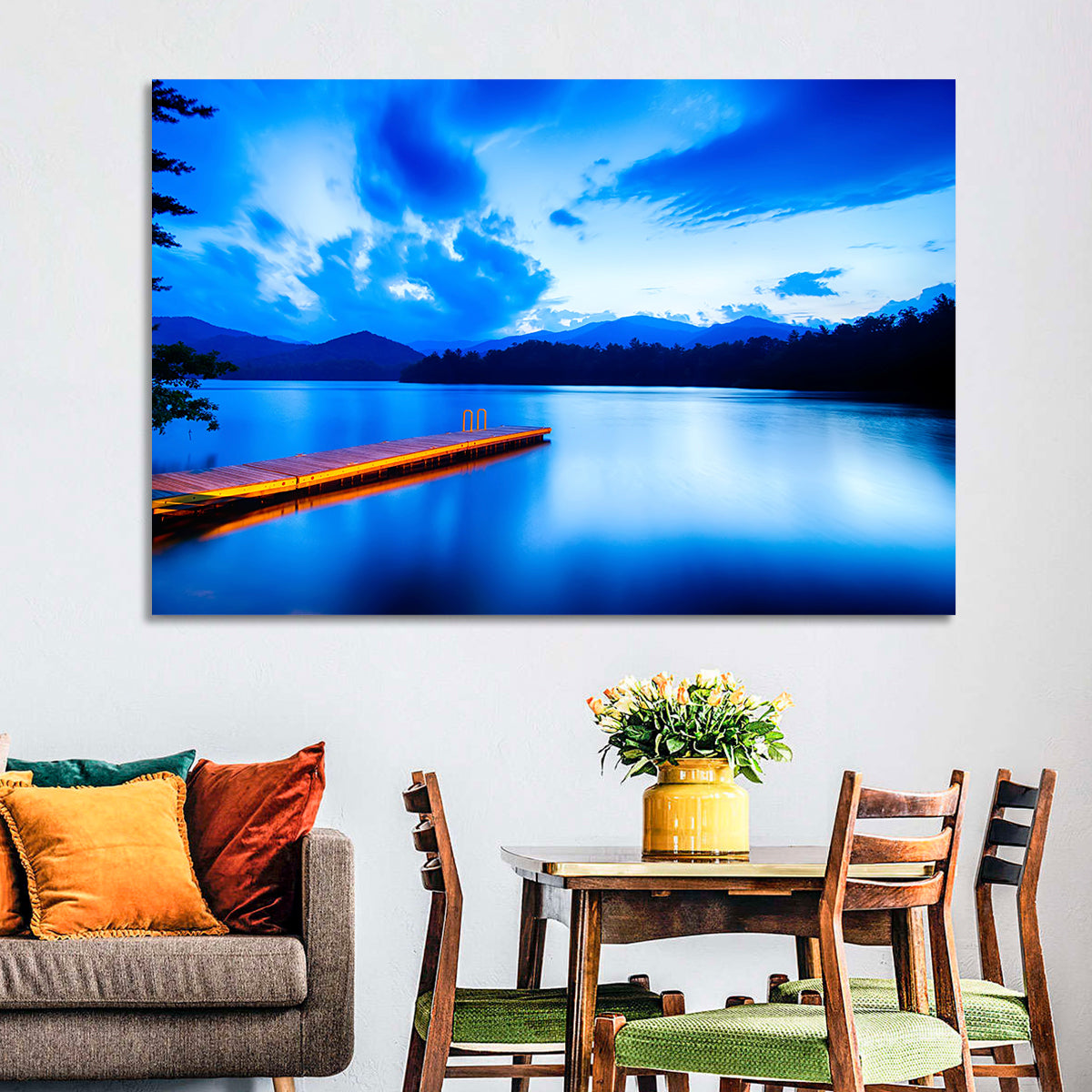 Lake Santeetlah Pier at Dusk Wall Art in a room, landscape