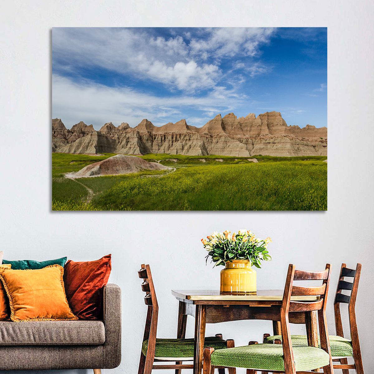 Badlands Meadow and Rock Formations Wall Art in a room, landscape
