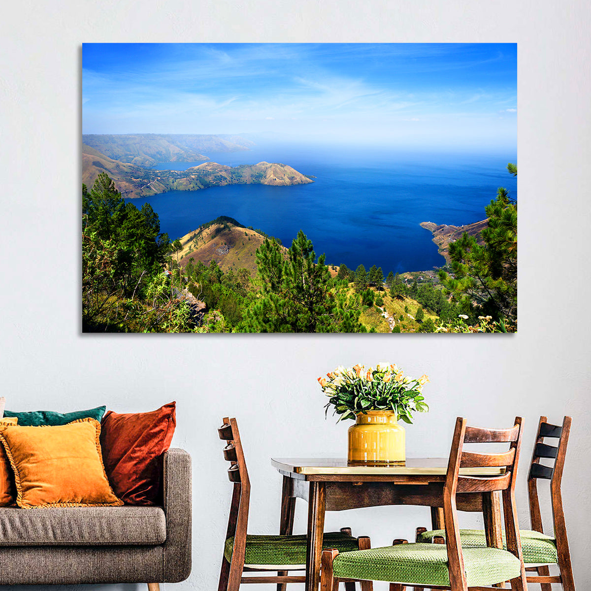 Lake Toba Aerial View Wall Art in a room, landscape