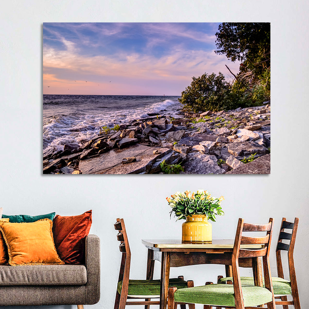 Lake Michigan Rocky Shoreline at Dusk Wall Art in a room, landscape