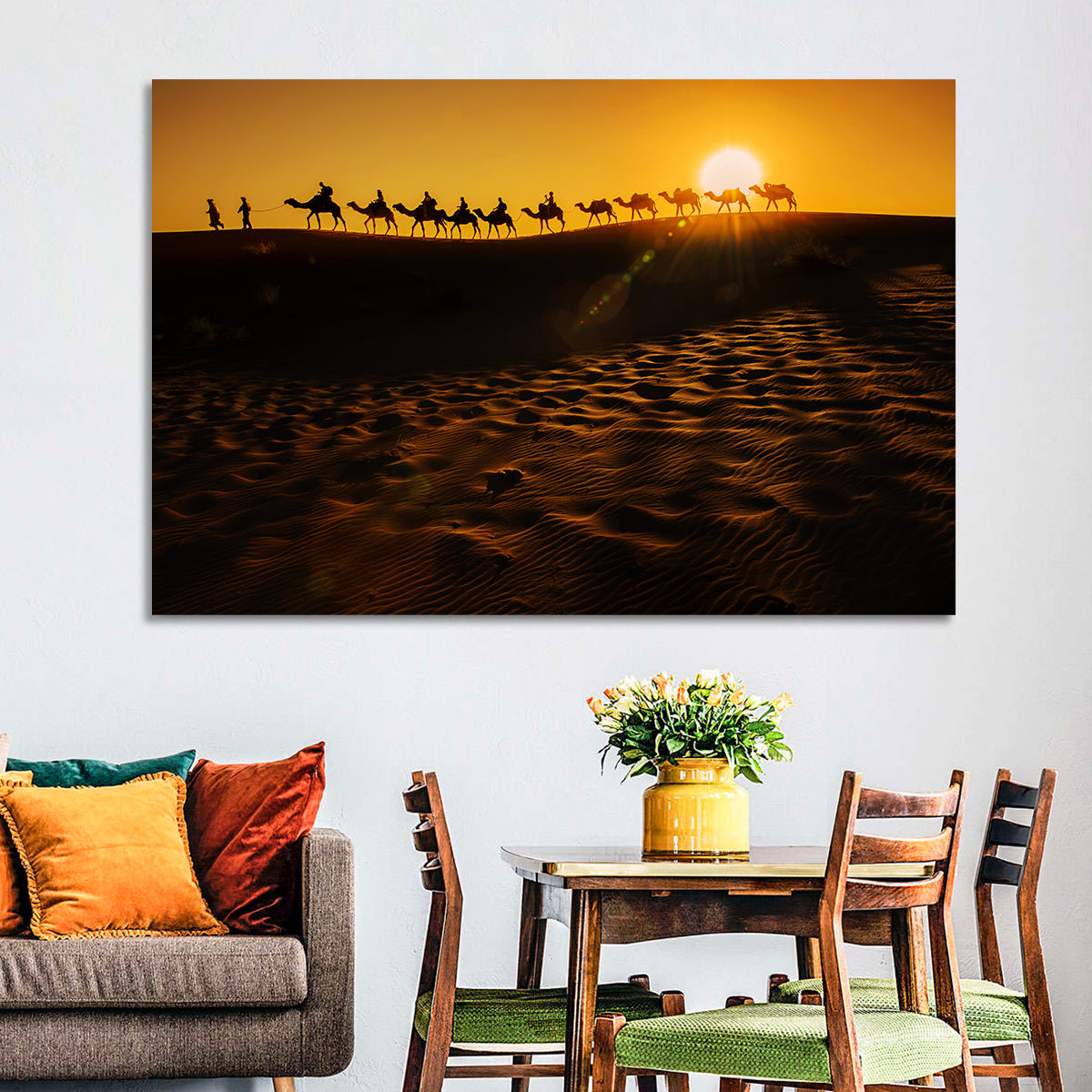Camel Caravan Silhouette at Golden Sunset Wall Art in a room, landscape