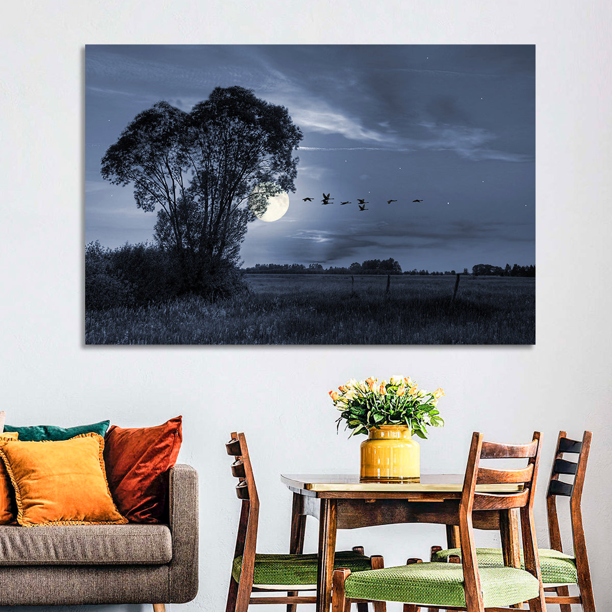 Moonlit Birds Over Quiet Field Wall Art in a room, landscape
