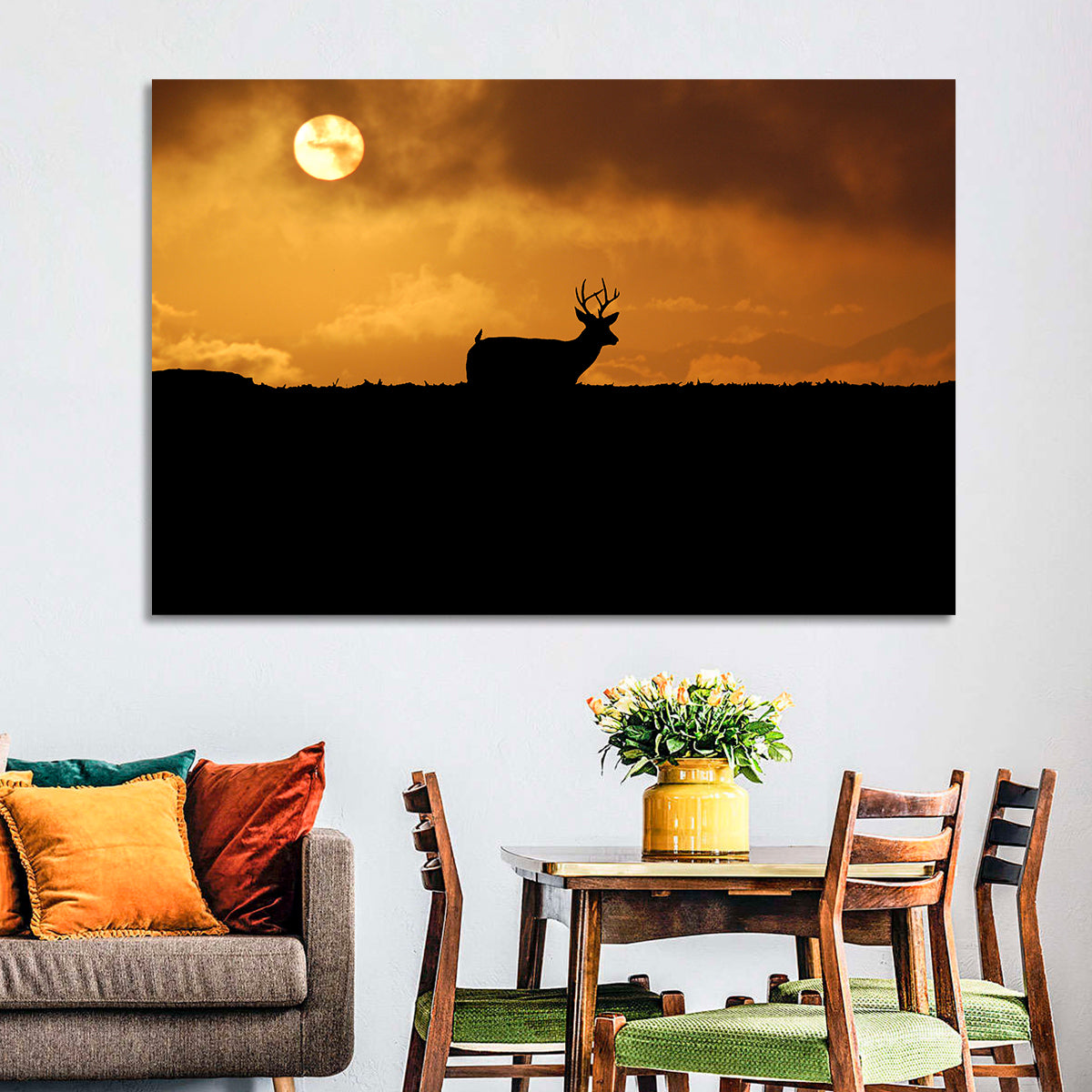 Deer at Sunset Wall Art in a room, landscape