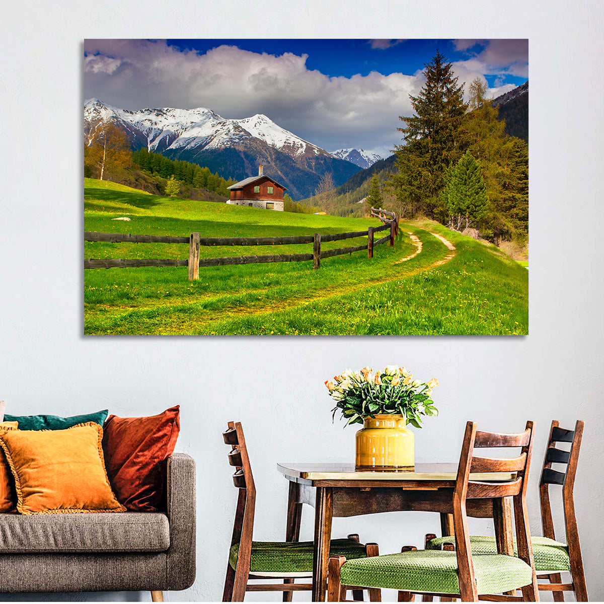 Alpine Meadow Cabin, Swiss Alps Wall Art in a room, landscape