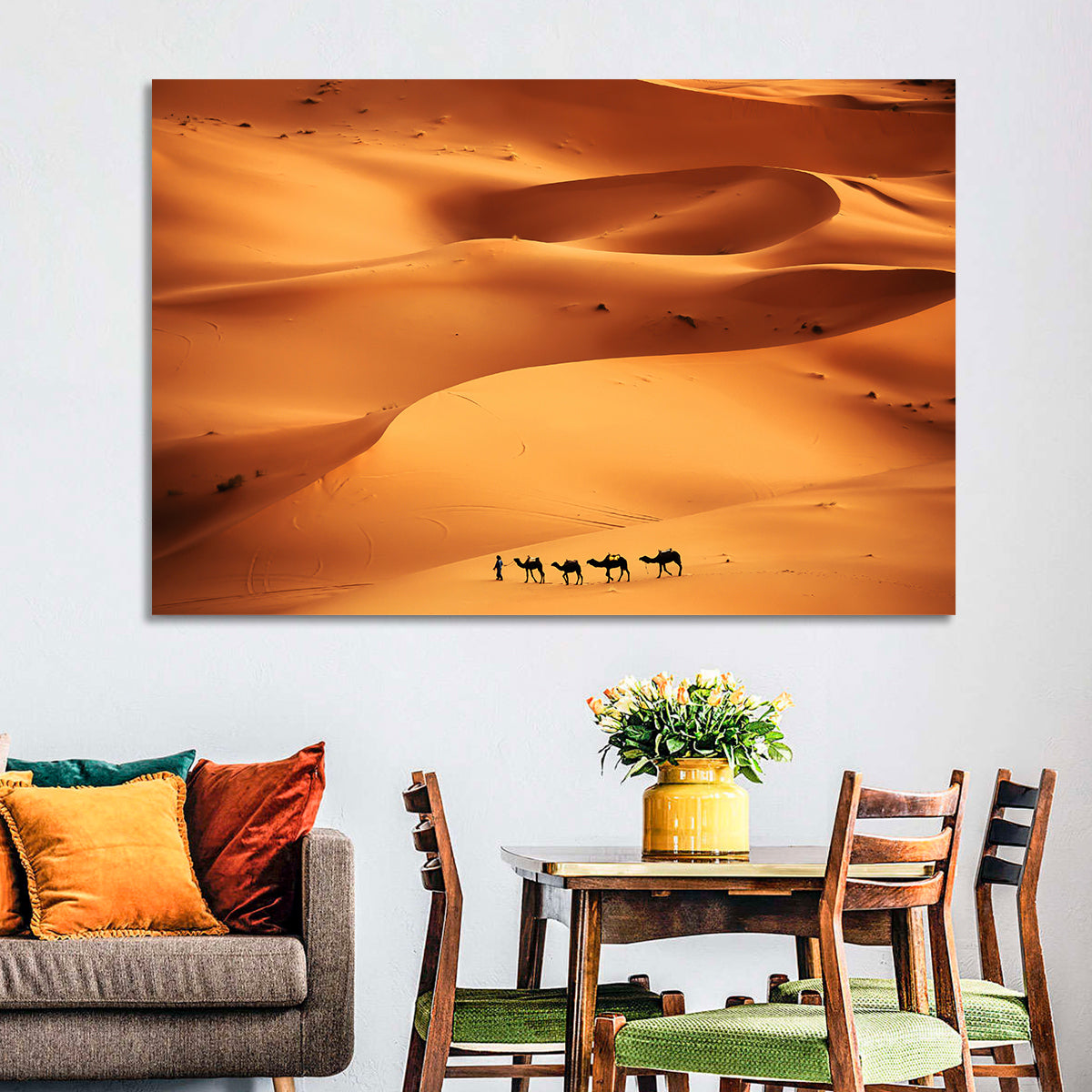Desert Camel Caravan in Golden Dunes Wall Art in a room, landscape