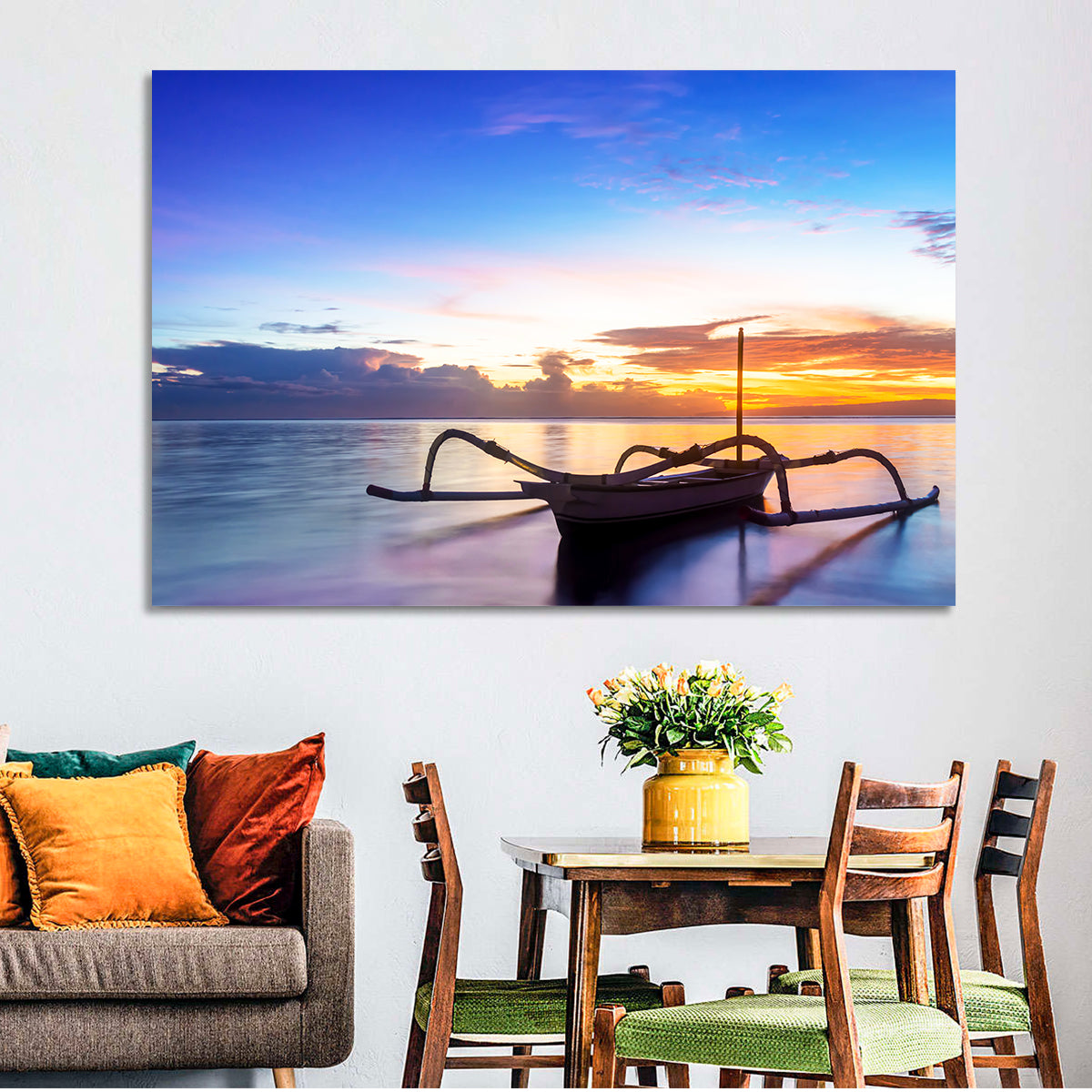 Jukung Fishing Boat at Sunset Wall Art in a room, landscape