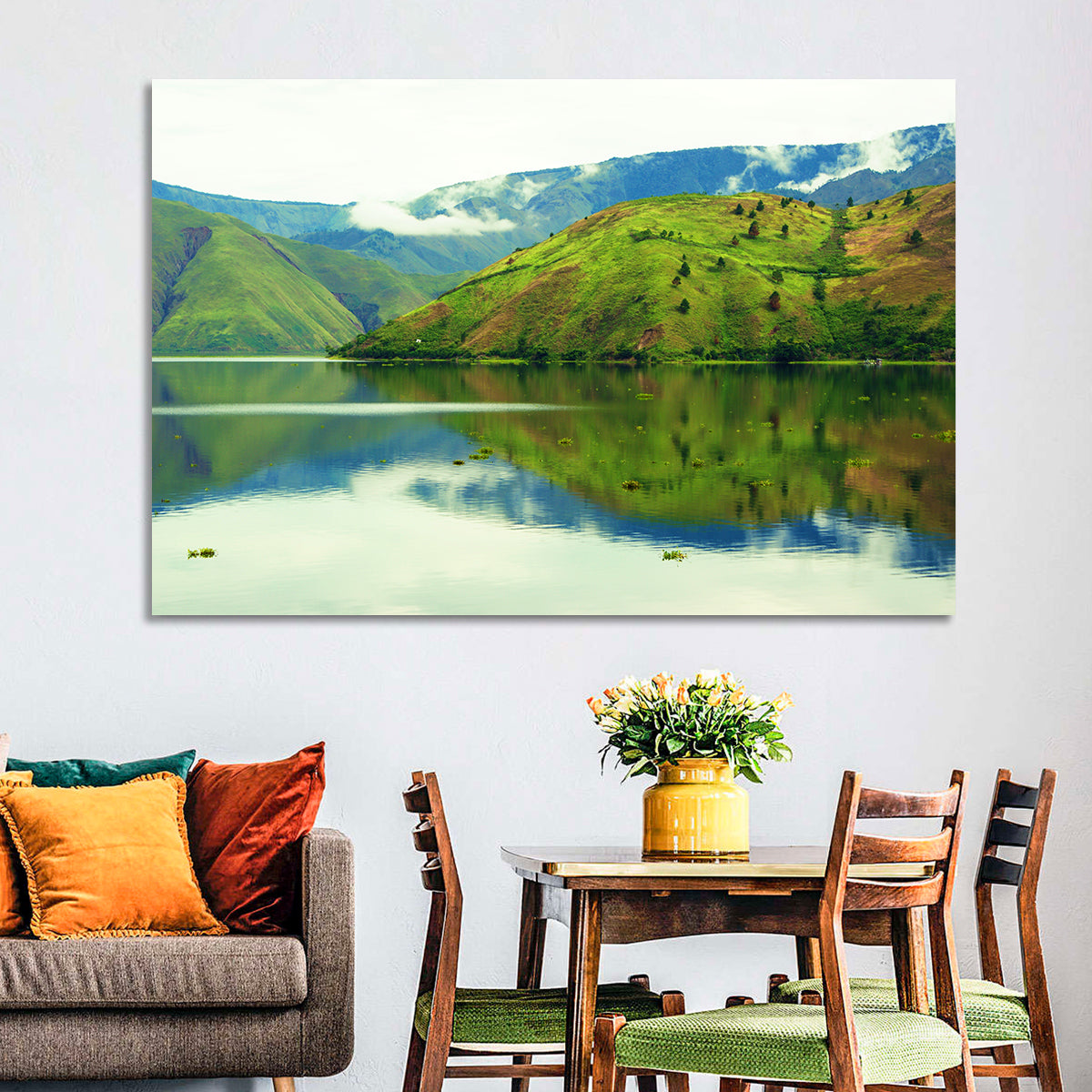 Lake Toba Reflection Wall Art in a room, landscape