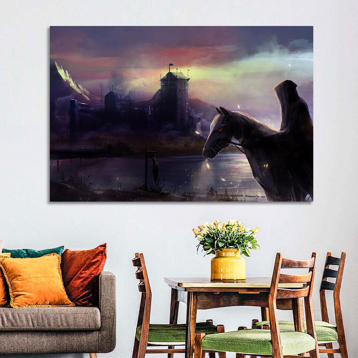 Horseman at Dusk by Misty Castle Wall Art in a room, landscape