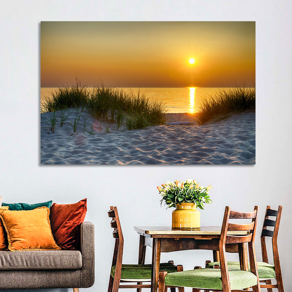 Lake Michigan Sunset Dunes Wall Art in a room, landscape