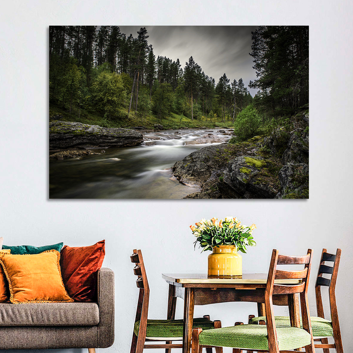 Mossy Forest Stream Wall Art in a room, landscape