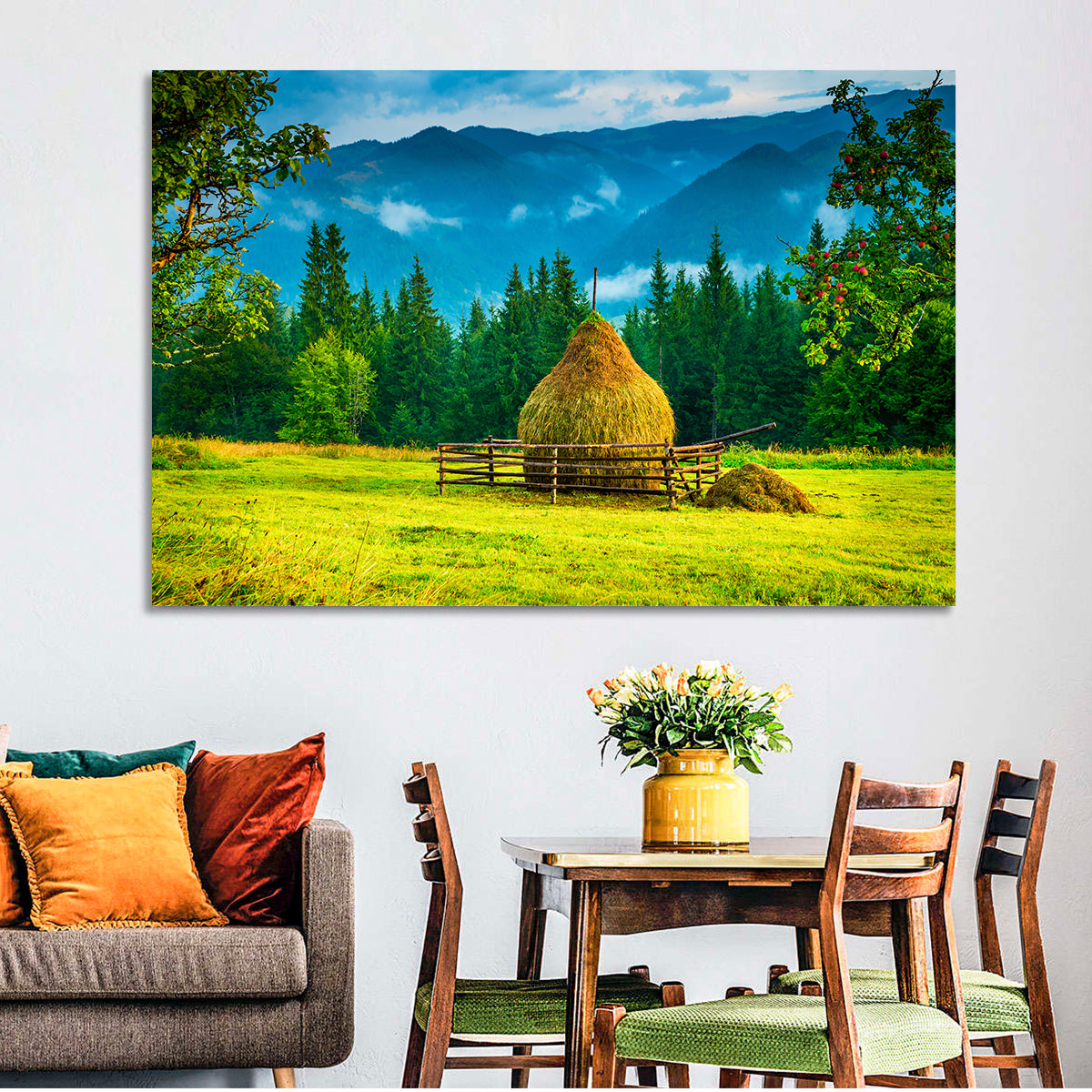 Haystack in Mountain Meadow Wall Art in a room, landscape